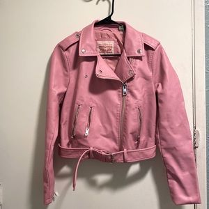 Pink faux leather moto jacket